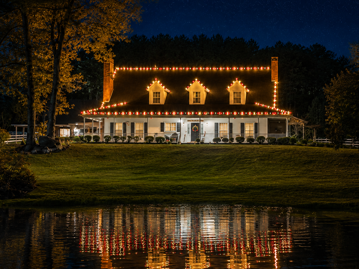 Christmas lights installed on a home in East Texas by Local Lights — Lower and upper roofline with dormers