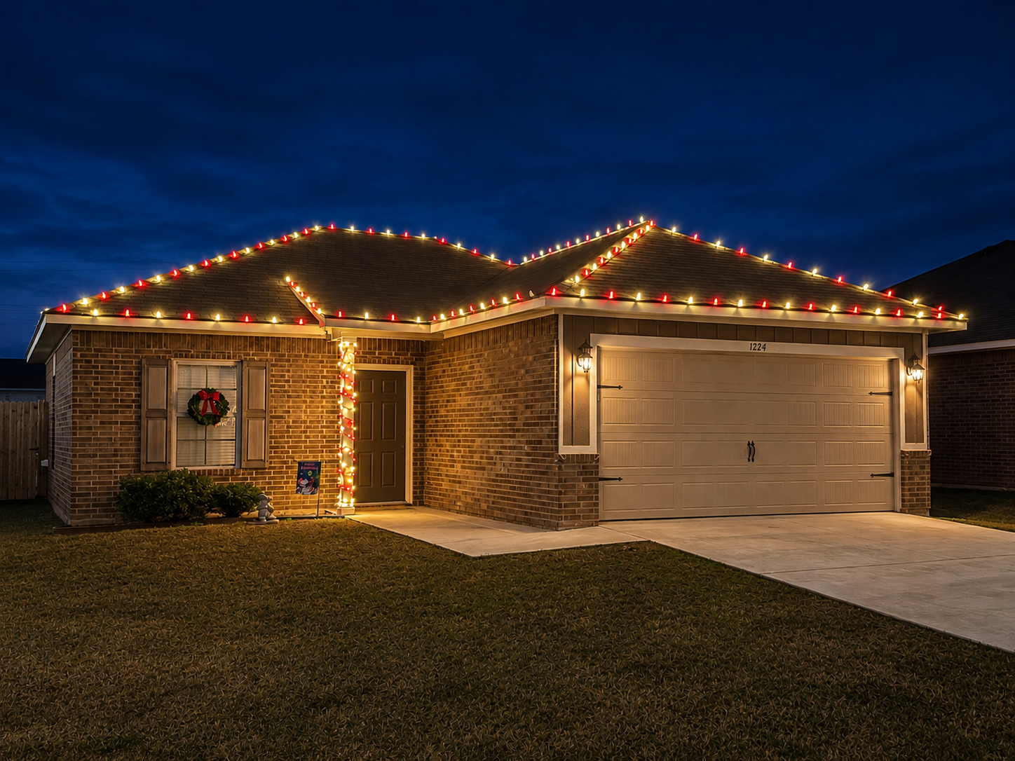 Christmas lights installed on a home in East Texas by Local Lights — Small upper & lower roofline and wrapped column