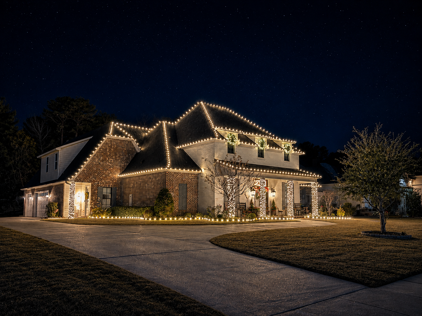 Christmas lights installed on a home in East Texas by Local Lights — Roofline, columns, wreaths and stake lights