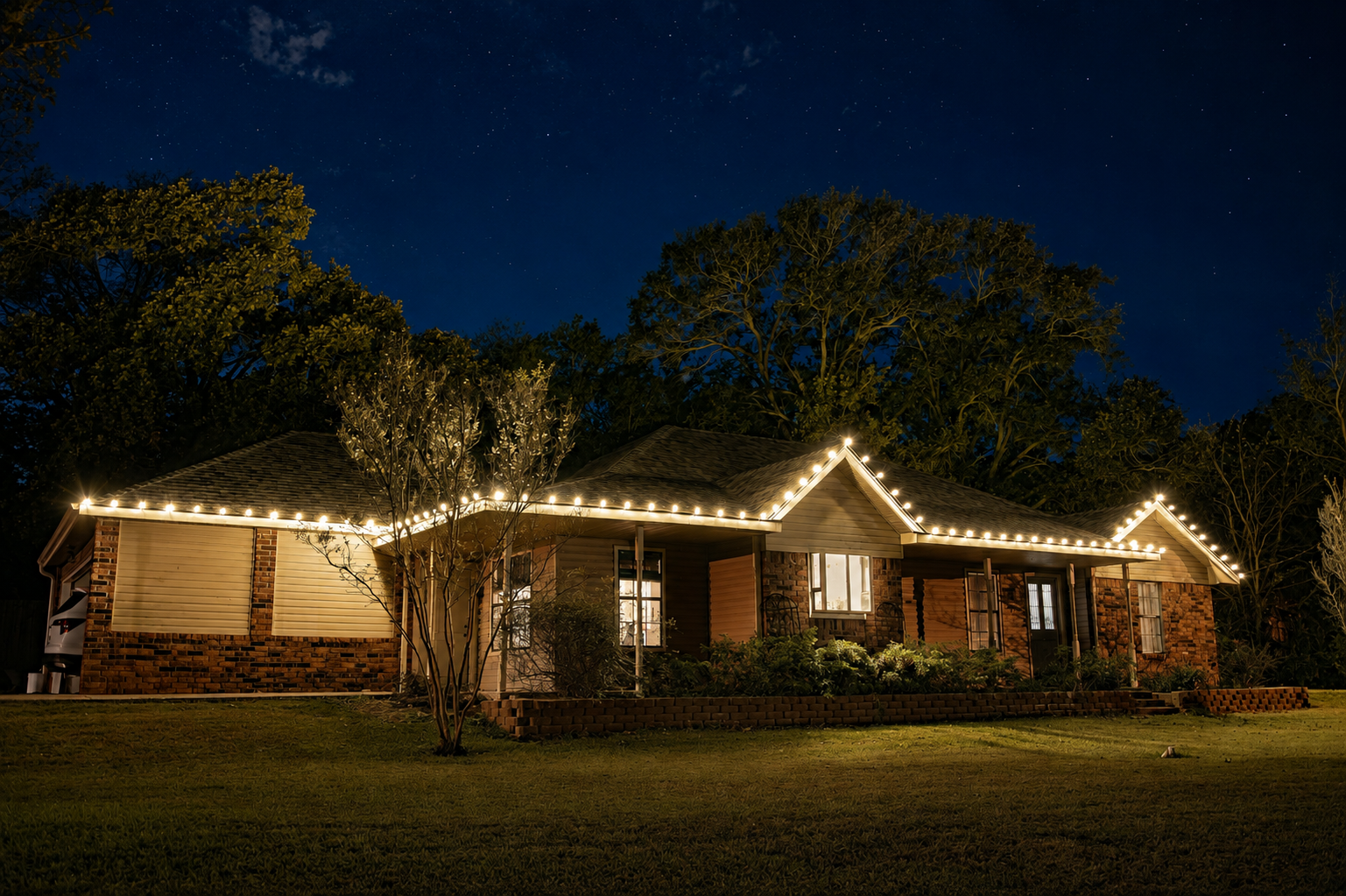 Christmas lights installed on a home in East Texas by Local Lights — Small front lower roofline