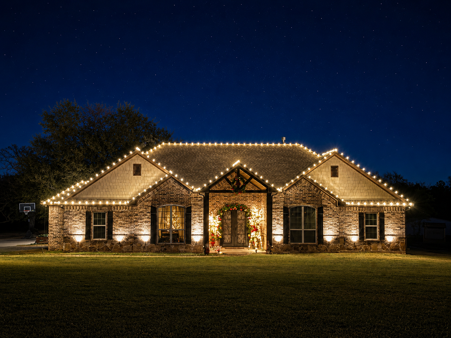 Christmas lights installed on a home in East Texas by Local Lights — Lower and upper roofline