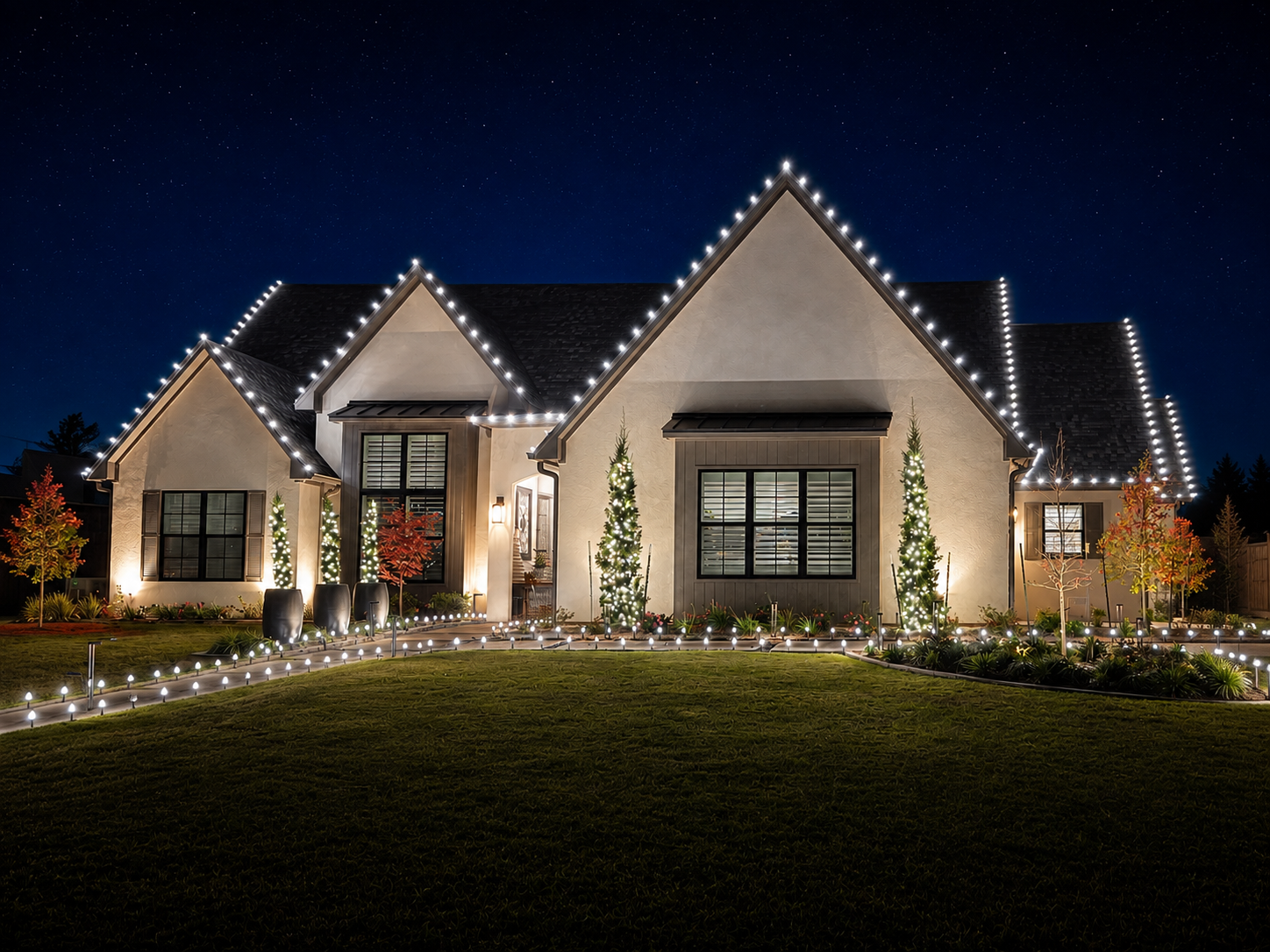 Christmas lights installed on a home in East Texas by Local Lights — Front roofline, stake lights and wrapped trees