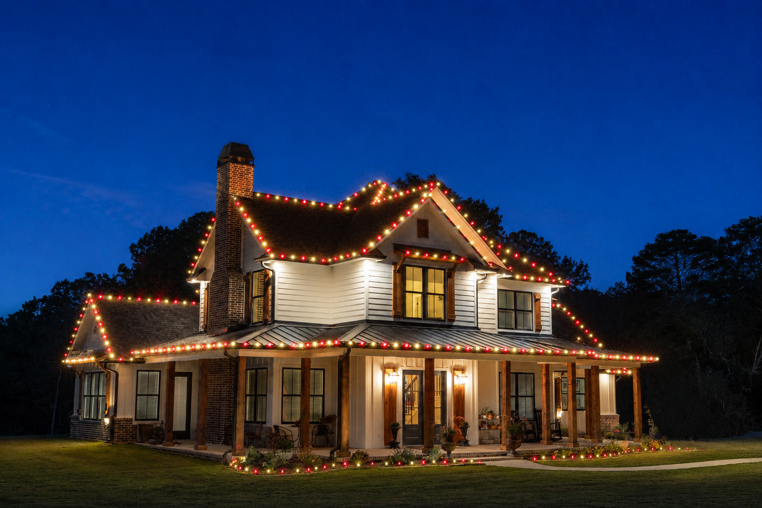 Christmas lights installed on a home in East Texas by Local Lights — Front, left and right roofline with stake lights