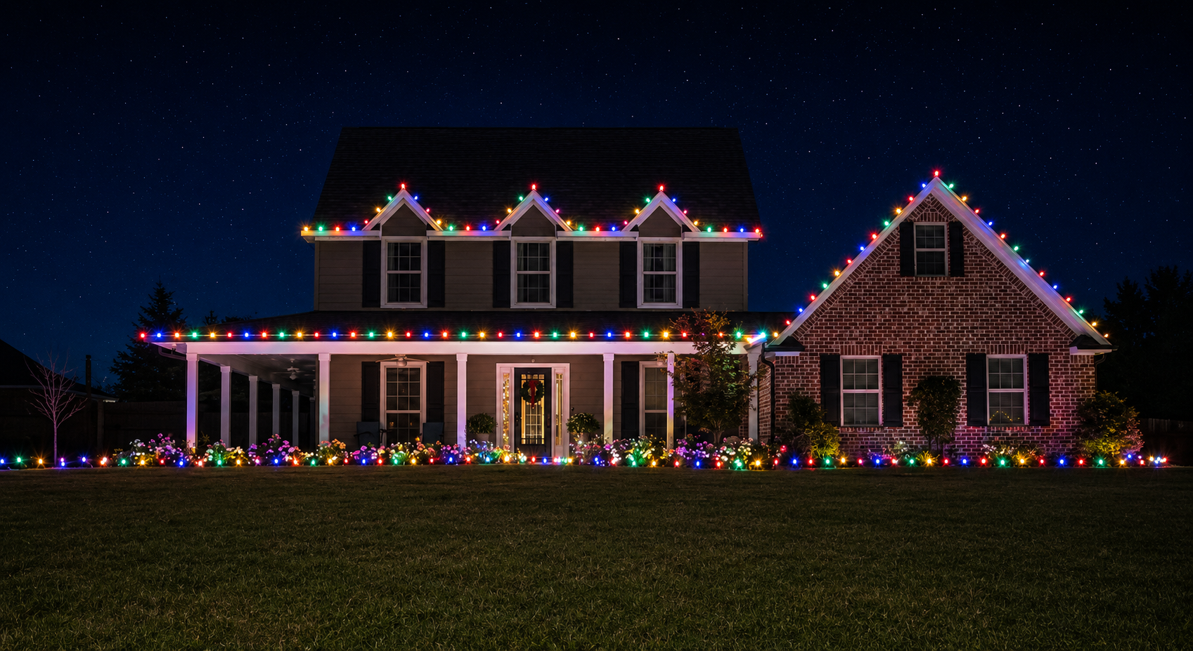 Christmas lights installed on a home in East Texas by Local Lights — Small front roofline and stake lights