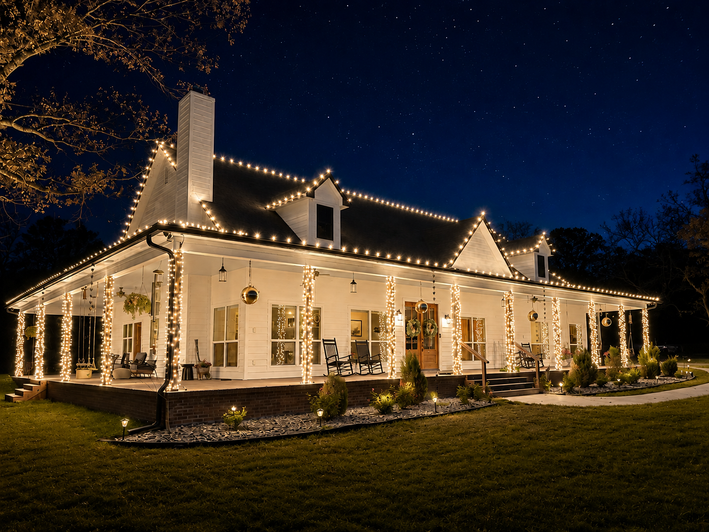 Christmas lights installed on a home in East Texas by Local Lights — Front and left roofline, wrapped porch posts