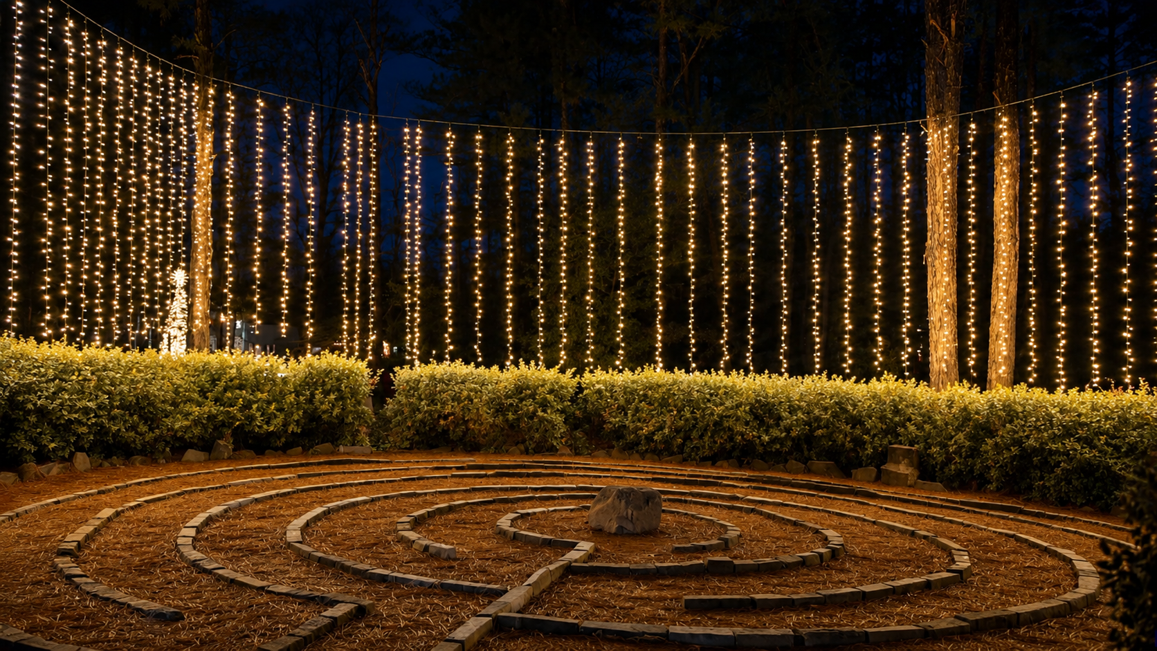 Longview Arboretum and Nature Center garden at night with hanging warm-white lights above a labyrinth.